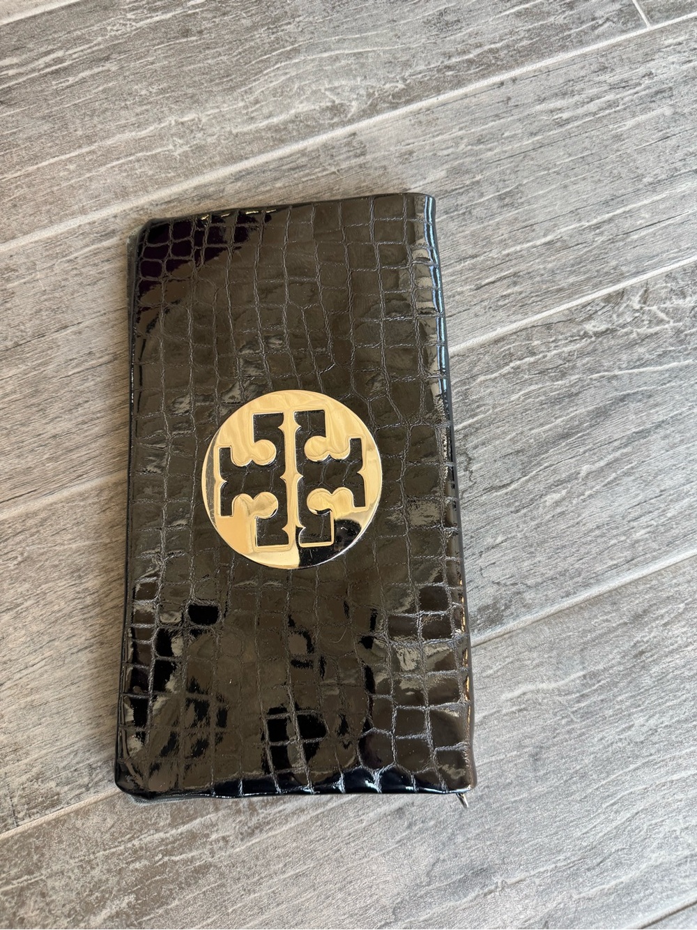 Tory Burch Reva Croc Embossed Patent Leather Fold over clutch bag